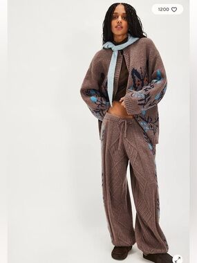 Free People Greer Brown Knit Set with Blue Floral Intarsia
